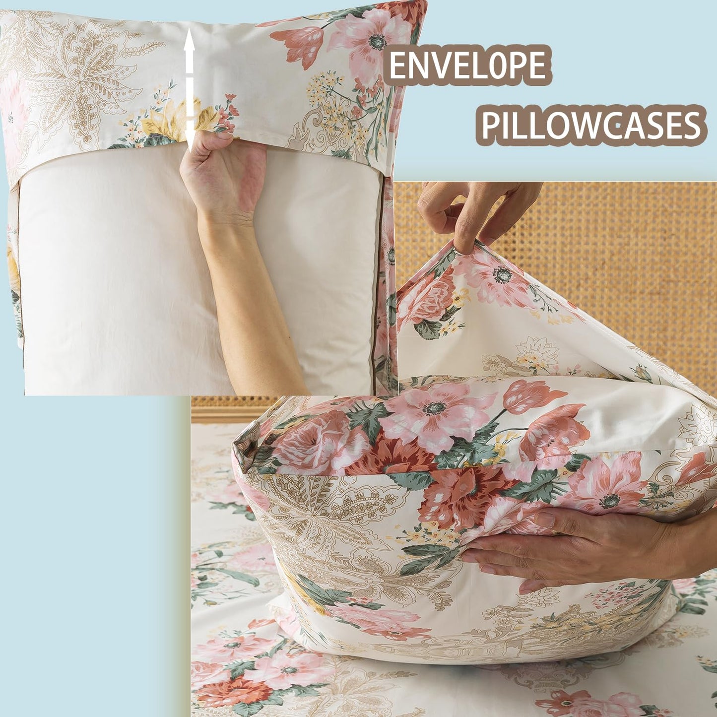 Zusbest- Queen Sheets, Soft 100% Cotton Pink & Cream Floral Bed Sheets,Shabby Vintage Chic Peony Flower Printed Sheets, Breathable Luxury Bedding 4 Piece Deep Pocket Sheets