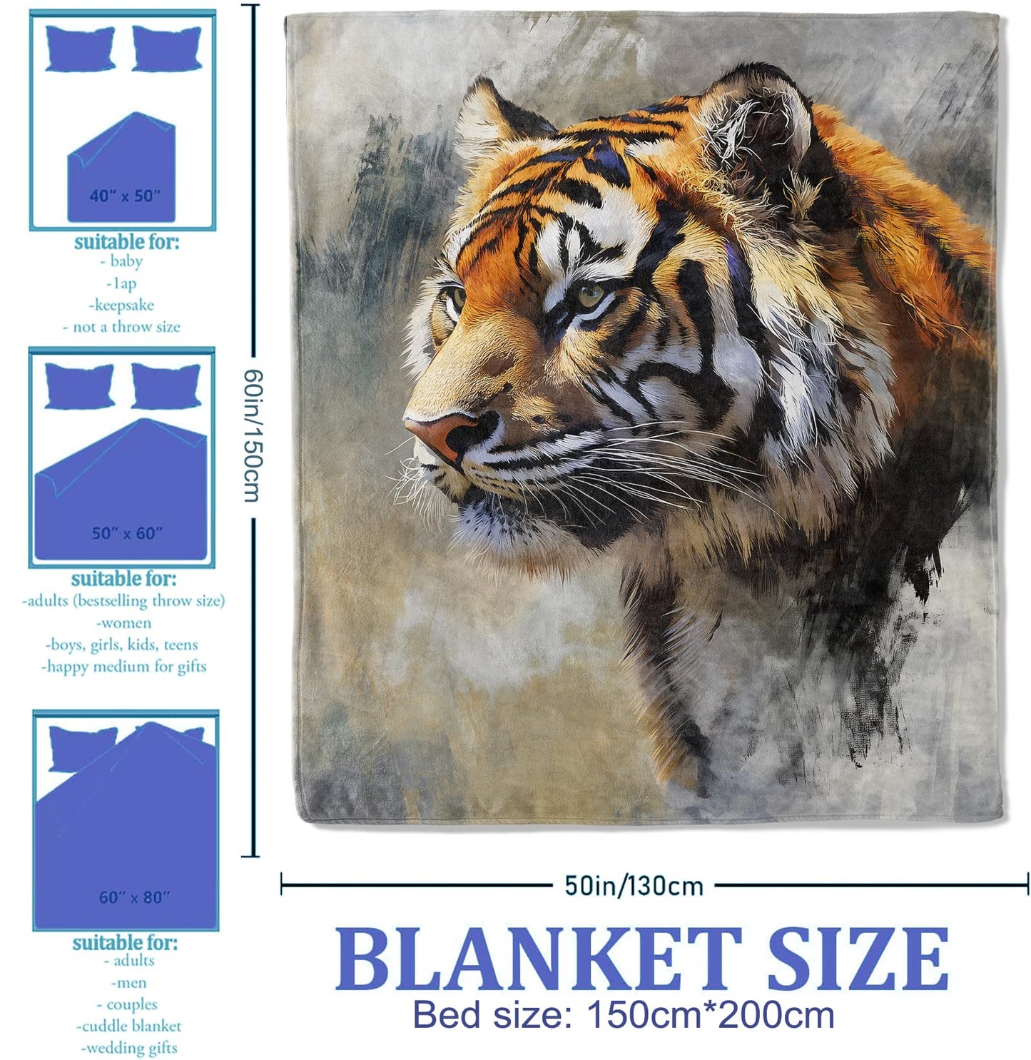 Plistiz Fierce Tiger Throw Blanket 60"x80", Face Theme for Living Room Couch, Home Decor, Soft Flannel Gifts for Adults and Women