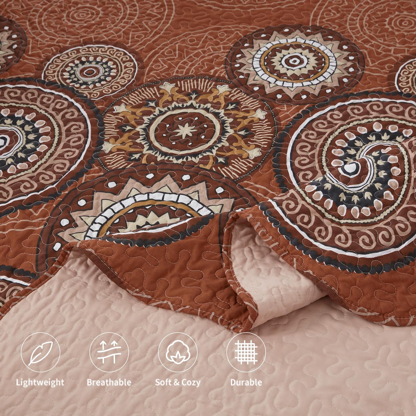LEAONME 3-Piece Full Queen Size Burnt Orange Rust Quilt Set Lightweight Oversized Bedspread 90''x98'' Soft Microfiber Floral Coverlet Luxurious Warm Bed Cover for All Seasons (1 Quilt, 2 Pillow Shams)