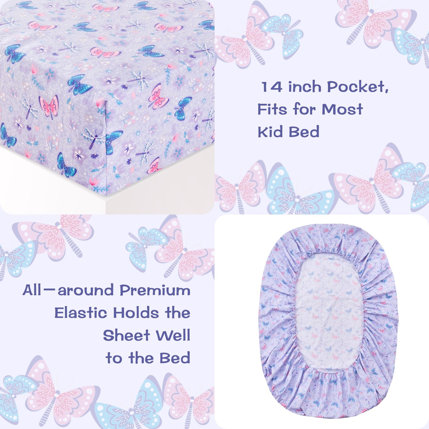 lasoftan Kids Sheet Set Twin Size 3 Pcs, Girls Sheet Set with Floral Butterfly Pattern，Kids Twin Fitted Sheet，Breathable & Silky Soft Microfiber Fitted Sheet