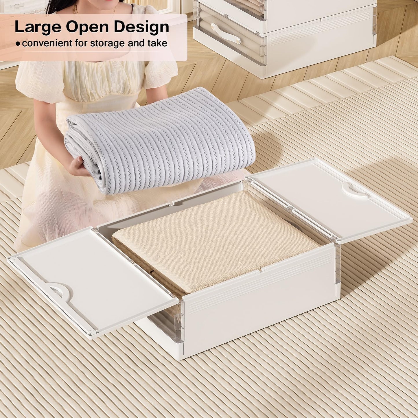 GUDEMAY Bed Sheet Organizers and Storage Plastic, 4 pcs Foldable Closet Organizer with Handle, Bedding Storage Box Container for Blanket, Duvet Cover Set, Bed Sheet Set, White