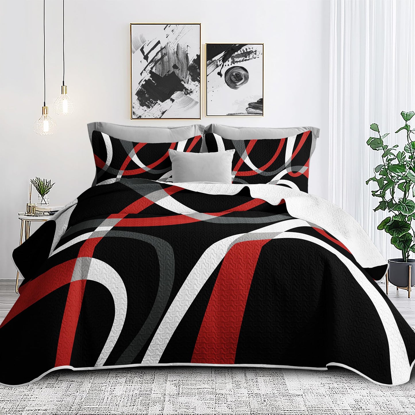 weesire Black and Red Bedding Quilt King Size with 2 Shams, Modern Stripe Comforter Sets Classic Line Pattern Bedspreads Grey and Red Coverlet, 96''x106''