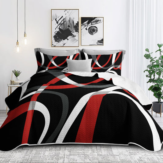 weesire Black and Red Bedding Quilt King Size with 2 Shams, Modern Stripe Comforter Sets Classic Line Pattern Bedspreads Grey and Red Coverlet, 96''x106''