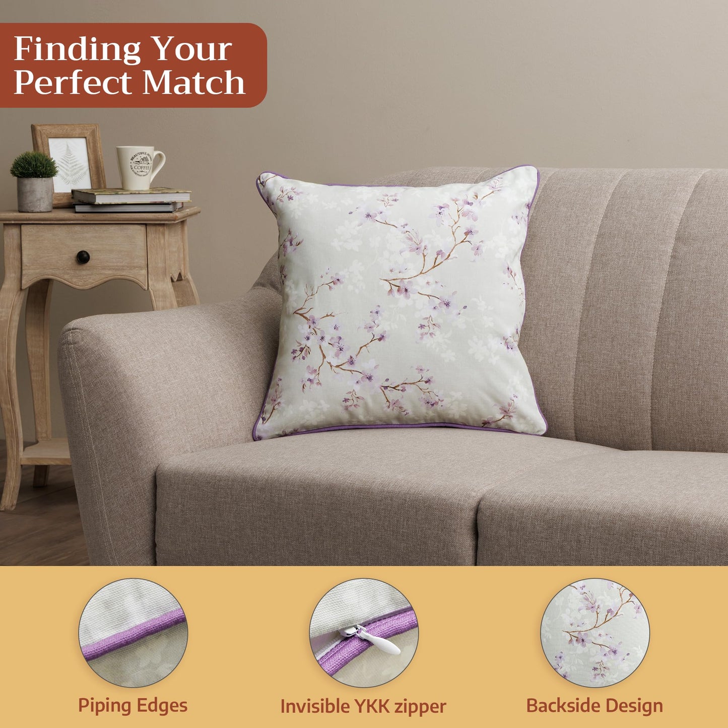 Maison d' Hermine Decorative Pillow Covers 18 x 18 inch Square 100% Cotton Throw Pillow Covers with Invisible Zipper for Living Room Couch Chair Sofas Spring Summer (Blossoms in Spring - Lavender)