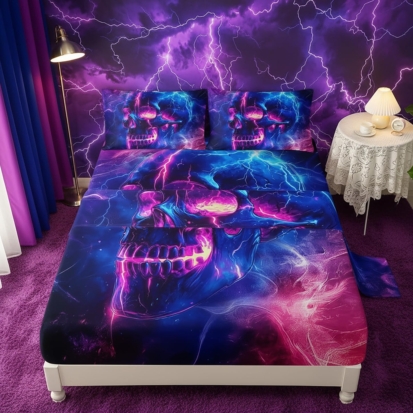 QOOMO Skull Kids Sheets Full Size,Human Skeleton 16" Deep Pocket Bed Sheet Set,Galaxy Printed Bedroom Decor Bedding Set Soft and Breathable for Boys/Girls/Kids/Teens