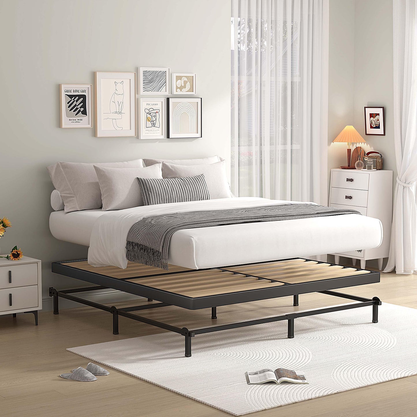 MAF 2 Inch Queen Box Spring with Round Corners, Low Profile Box Spring for Queen Bed, Bunkie Board with Wood Slats Bed Slat Replacement 3500 lbs Black Heavy Duty Mattress Foundation, Easy Assembly