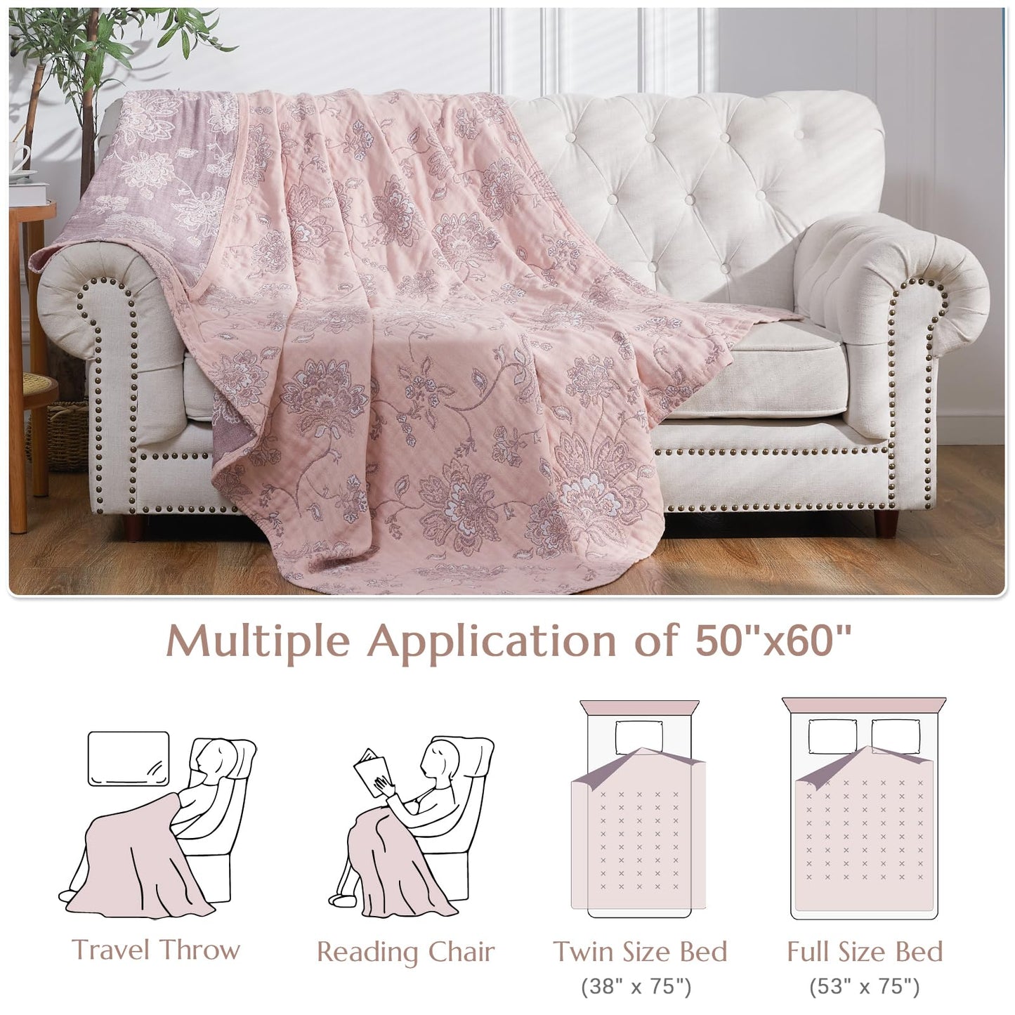 jinchan Boho 100% Cotton Muslin Twin Size 50x60 Inches Blanket Lightweight 4-Layer Quilted Soft Pink Red Floral Throw Blanket Reversible Comfy Flower Breathable All Seasons Couch Bedroom Decor