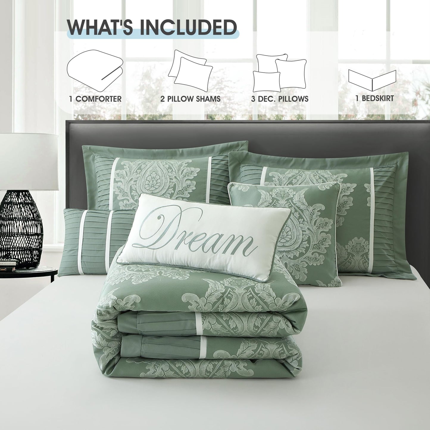 LANCO MODERN LIFESTYLE Sage Queen Comforter Set 7 Pieces, Jacquard Woven with Damask, Bedding Set in a Bag Includes Comforter, Bed Skirt, Pillow Shams, and Decorative Pillows