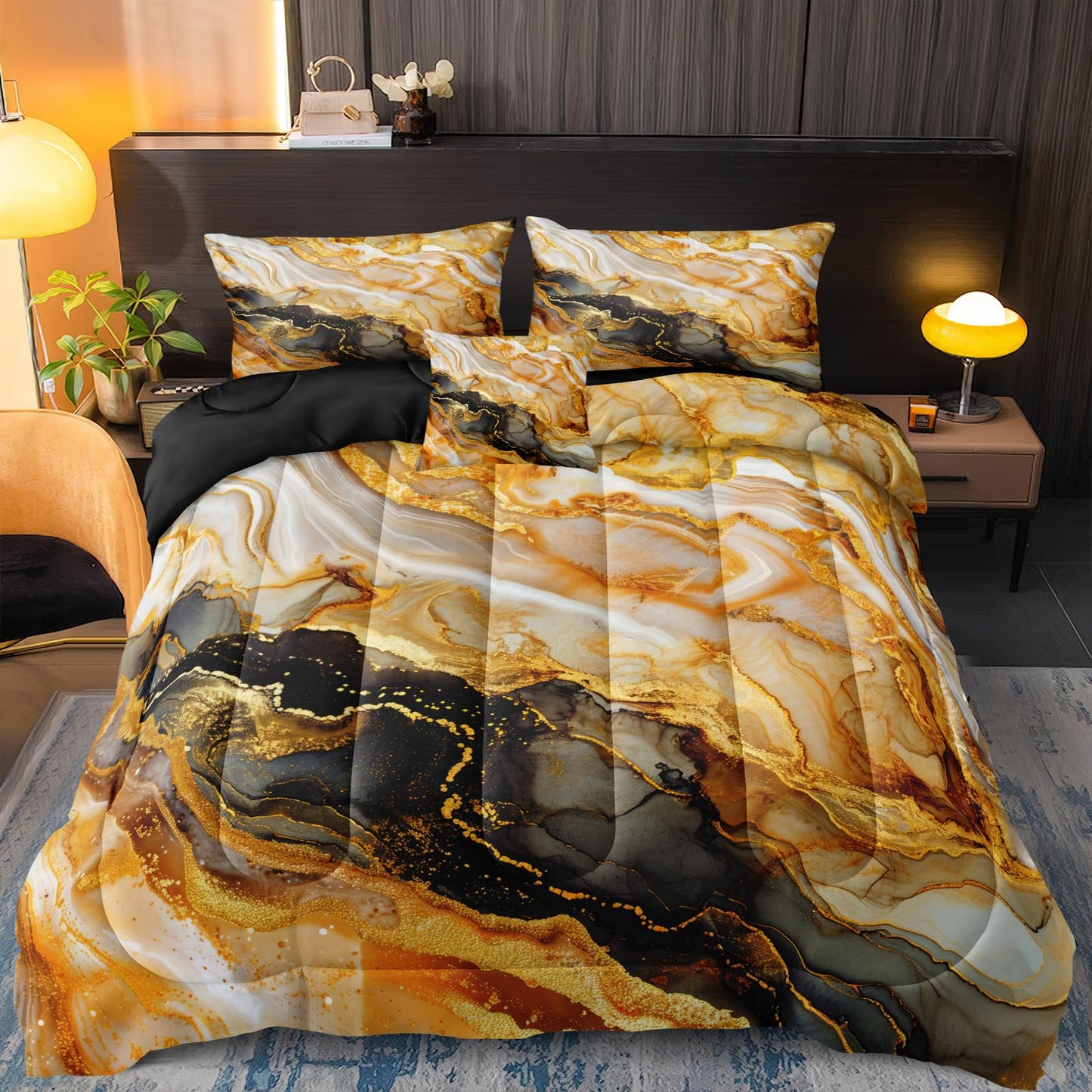 Bedorm Marble Comforter Set Queen Black Gold Bedding Black and White Marble Stone Texture Abstract Bedroom Comforter Super Soft Cozy Marble Bed Set 4 Pcs