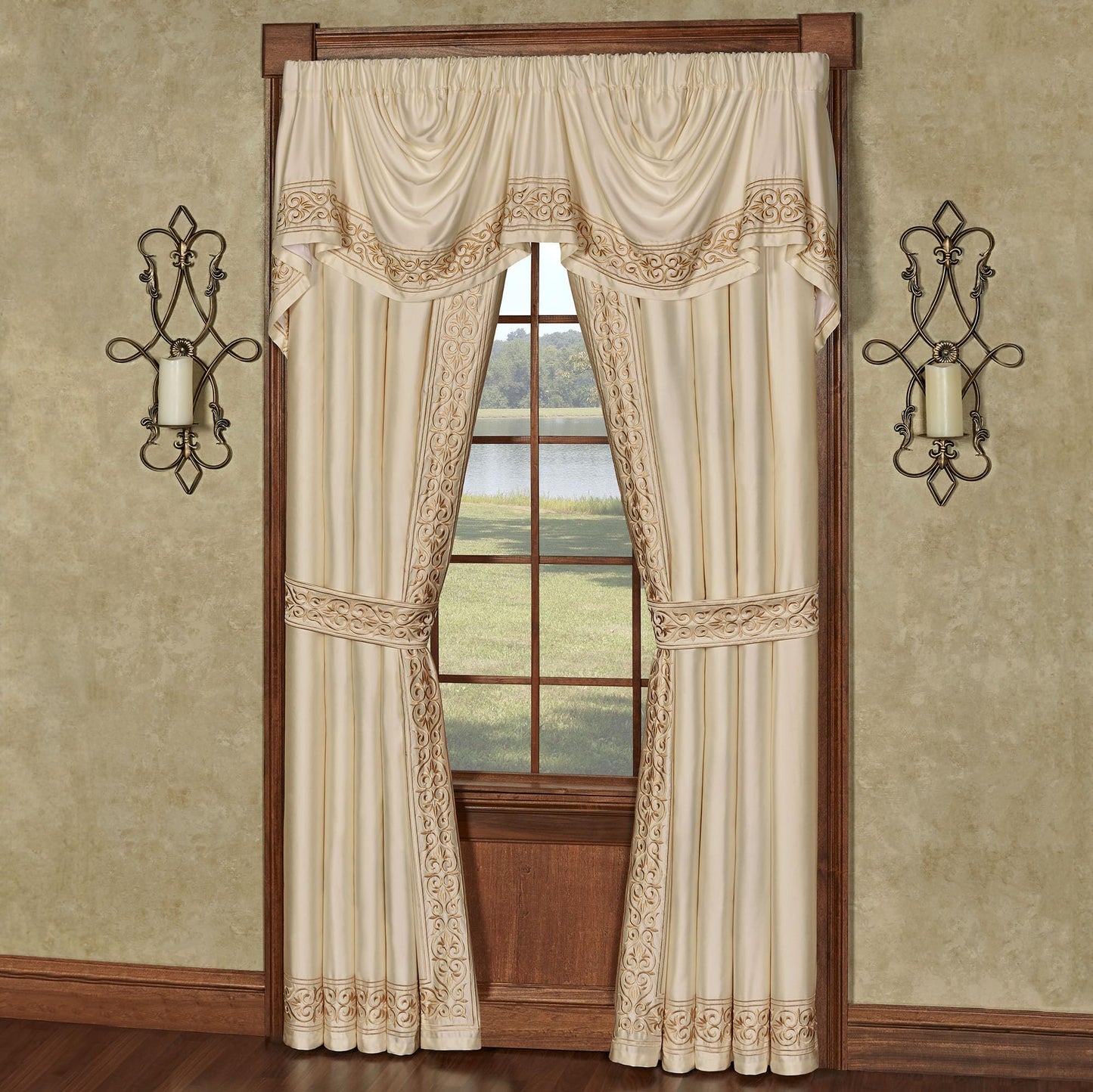 Touch of Class Versailles Window Empire Valance & 84L Curtains, Pearl