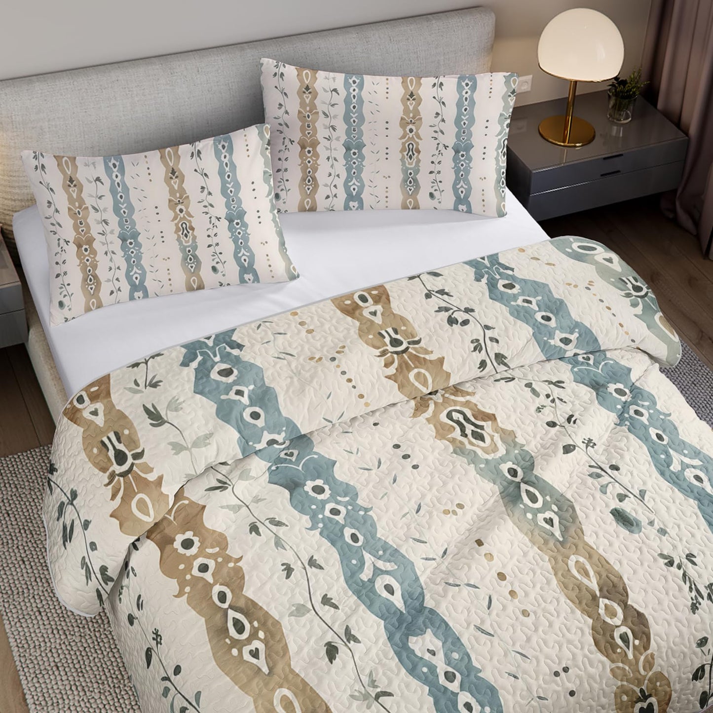 AILONEN King Quilted Comforter 3-Piece Set, Tribal Damask Stripe Bedspread Coverlet 2 Pillowcases, Luxury Master Suite Bedding Adults Sage Tan Brown Farmhouse Rustic Boho Botanical Chic