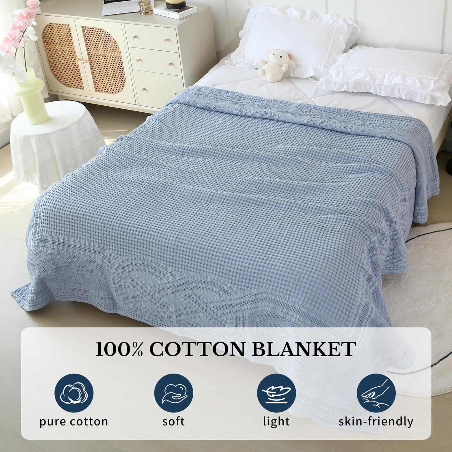 7ya Bedding 100% Cotton Blanket Queen Size 90x90 Inch 350GSM Lightweight Soft and Breathable Thermal Blanket for All Seasons Smoke Gray