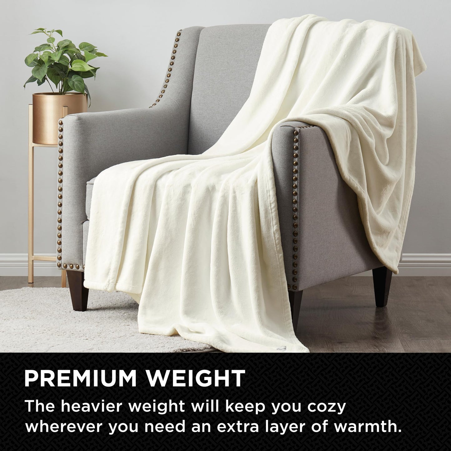 Brookstone Nap Plush Throw Blanket for Couch | Warm & Super Soft Blanket with Unmatched Heavy, Dense, and Ultra-Comfy Throw | Luxurious Drape, Cozying Up on a Sofa, Chair | Ivory