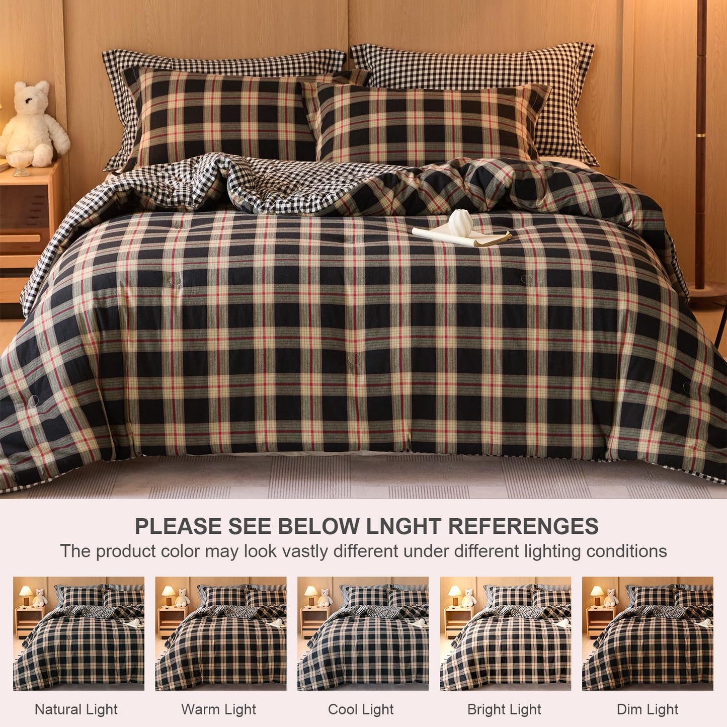 hadamick 100% Cotton Comforter Set Full Size – Reversible Yarn-Dyed Checkered Design, Soft Washed Cotton on Both Sides, Lightweight All-Season Bedding, Machine Washable(Black Red Plaid, 80”x90”)