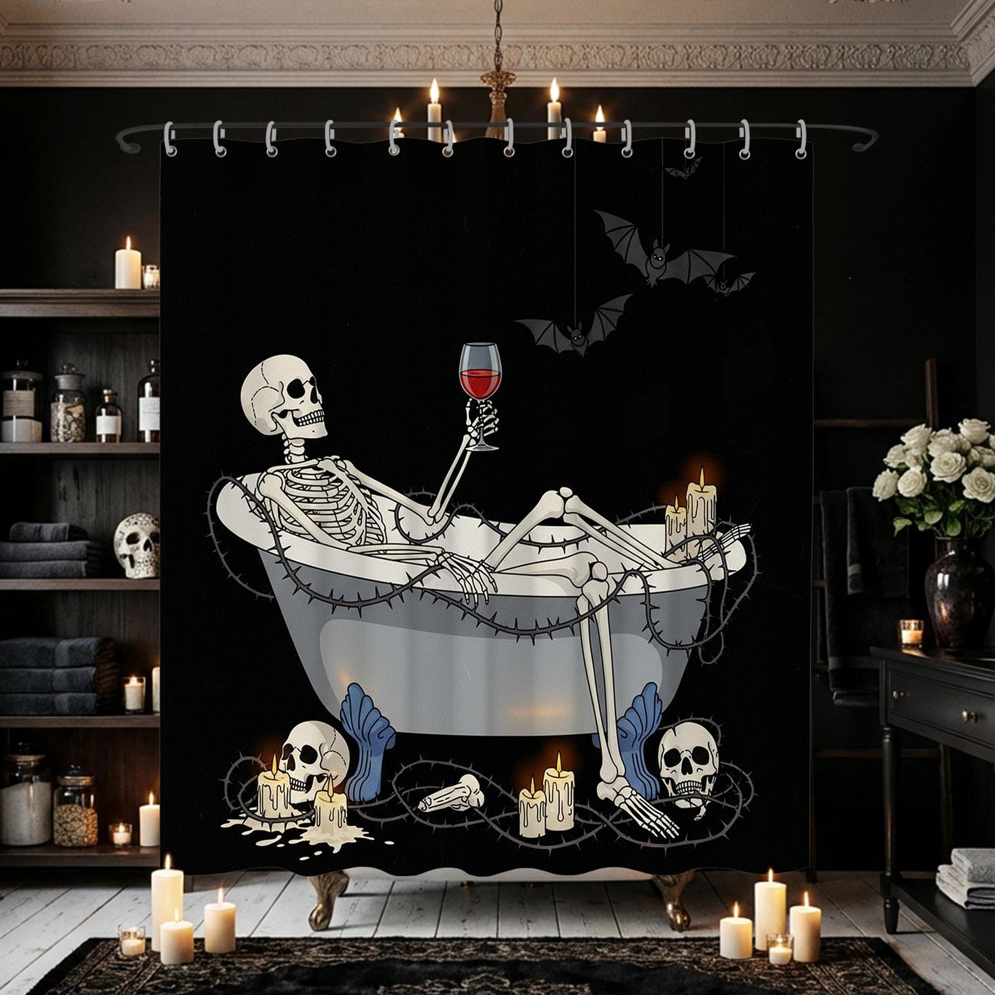 TSLOVER Gothic Black Skull Shower Curtain for Bathroom,Horror Skeleton Shower Curtains,Funny Waterproof Polyester Minimalism Skull Bathroom Decor Accessories,72x72 Inch