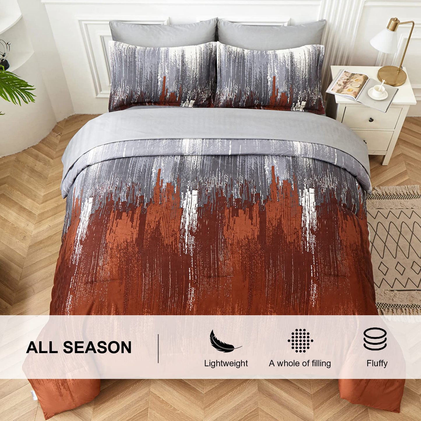 WONGS BEDDING Comforter Set King, Burnt Orange 7 Pieces Bed in a Bag Abstract Gradient Soft Microfiber Terracotta Bedding Set with Flat Sheet, Fitted Sheet, Pillow Shams, Pillowcases