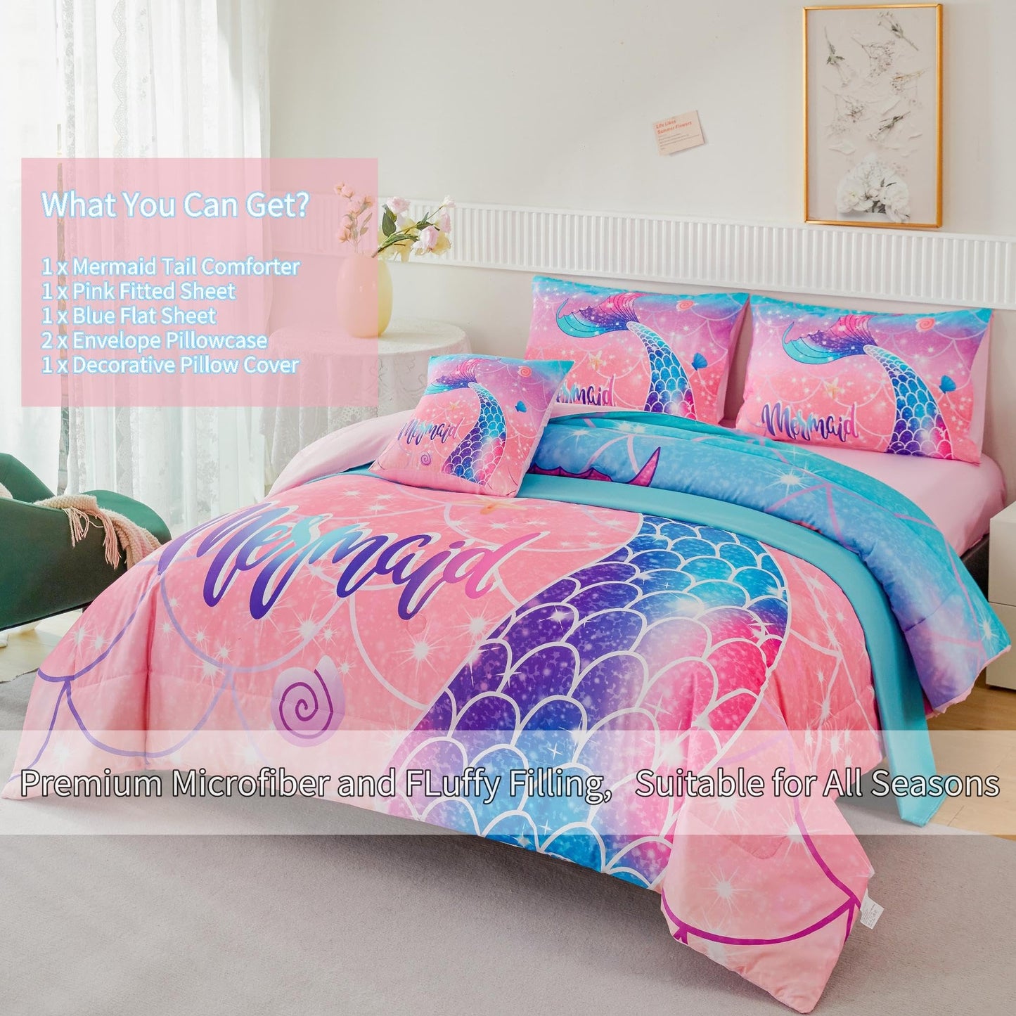 RYNGHIPY Mermaid Kids Girls Comforter Set Twin Size Pink Blue Gradient Fish Tail Bed in a Bag - Includes Comforter & Sheet Set for Teens Girls Super Soft Kids Bedding