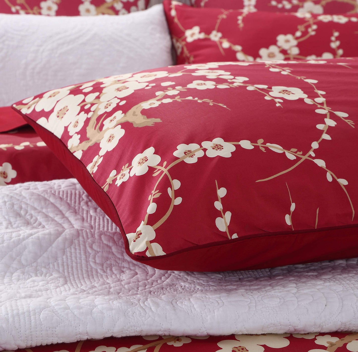 Brandream Eastern Japanese Oriental Style Cherry Floral Chinoiserie Blossom Print Duvet Quilt Cover Set Red 800TC Egyptian Cotton Sateen Bedding Set 3 Piece Ornamental Drawing(Queen)