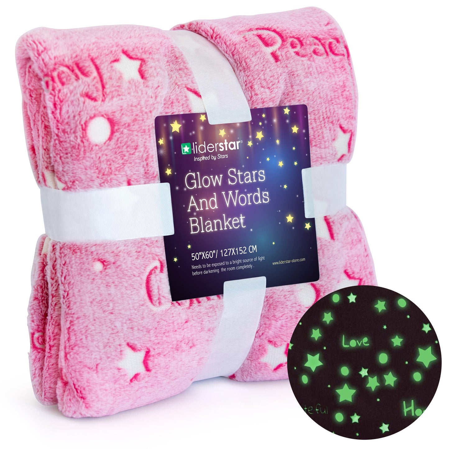 Glow in the Dark Throw Blanket, Super Soft Fuzzy Plush Fleece, Decorated with Stars and Words of Encouragement, Birthday Gift for Girls Kids Women Teens Grandkids Toddlers, Pink, 50" x 60"