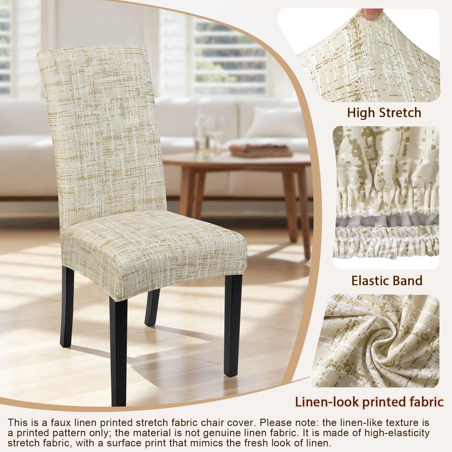 SearchI Dining Room Chair Covers Set of 6, Stretch Printed Parsons Chair Slipcovers Removable Washable Kitchen Chair Protector Cover for Dining Room, Hotel, Ceremony (Flaxen Print)