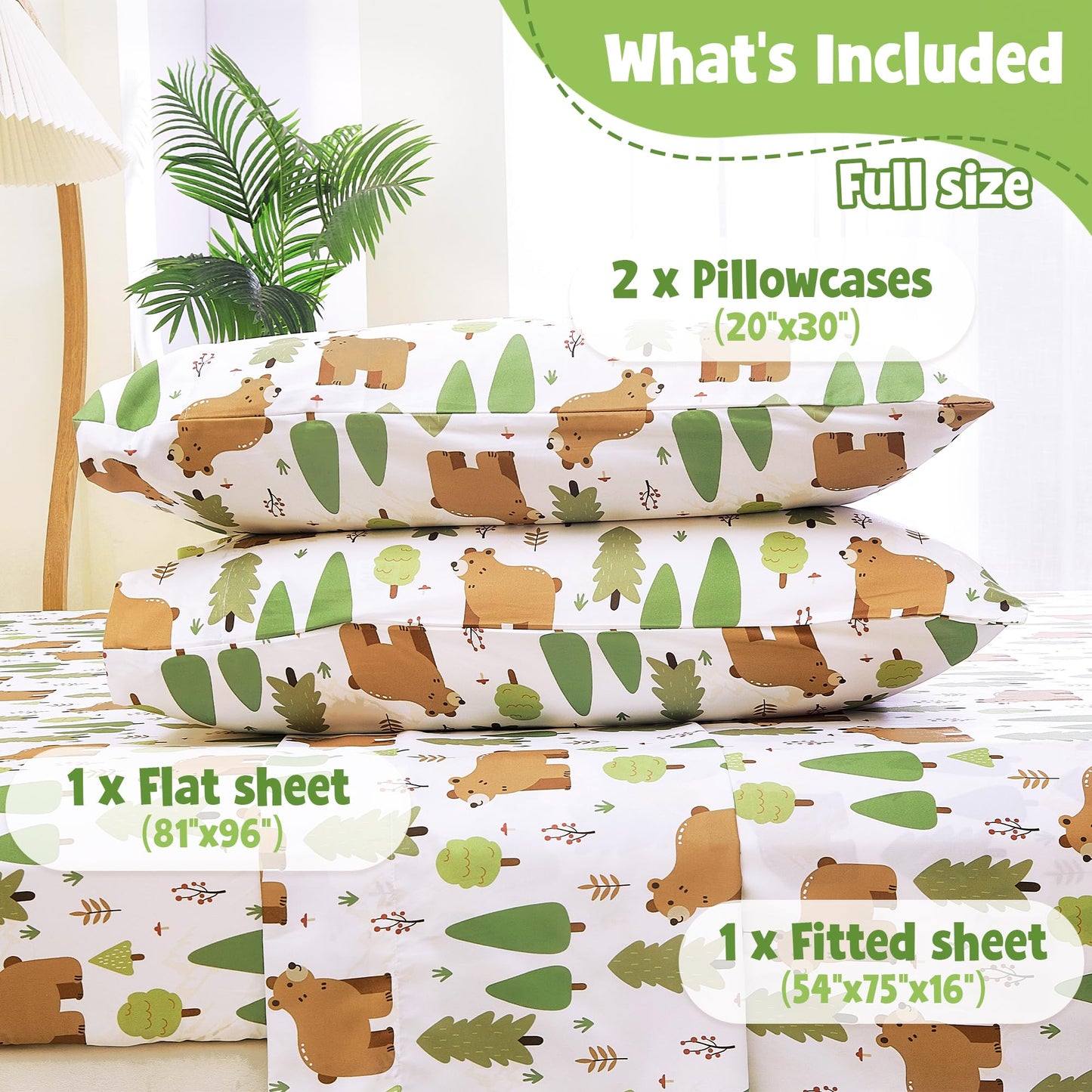 CozySmile Full Sheet Set Kids,4 Pieces Breathable Soft Microfiber Bedsheets for Child Boys, Oeko-TEX, Anti Pilling Deep Pockets Easy Care Bed Sheets, Forest Bear