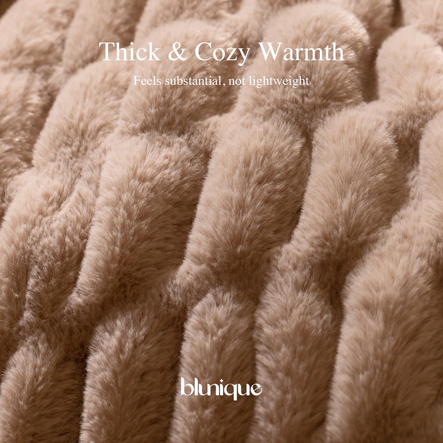 blunique Faux Rabbit Fur Throw Blanket, Soft Plush Cozy Blanket for Couch Bed, Thick Fluffy Ruched Decorative Blanket, Giftable,50"x60",Light Brown