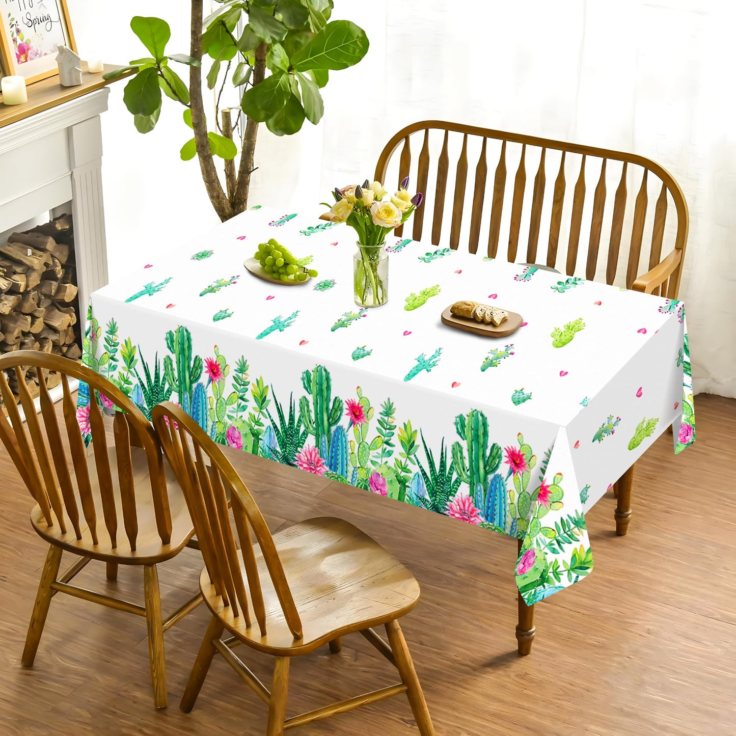 CC HOME 1Pc Succulent Cactus Party Plastic Tablecloth 54 x 87 Inch Long Table Cover, Plants Cactus Party Tablecover for Succulent Theme Kids Baby Shower Birthday Dinner Picnic Kitchen Event