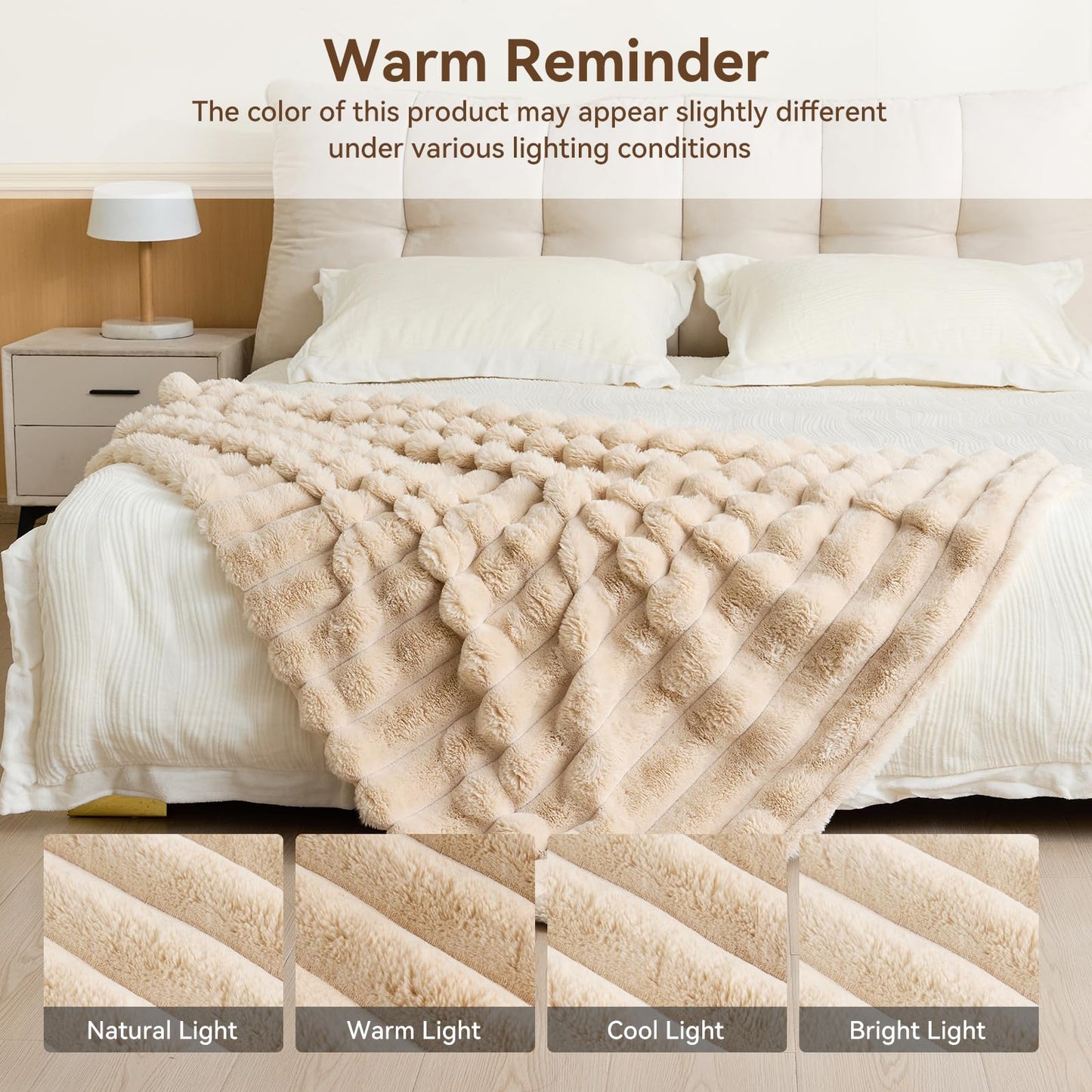 KayWing Faux Fur Throw Blanket: Beige Reversible Ultra Soft Rabbit Wide Strip Fleece - Luxury Fluffy Blanket for Sofa Bed Decor - Throw Size 50"x 60"