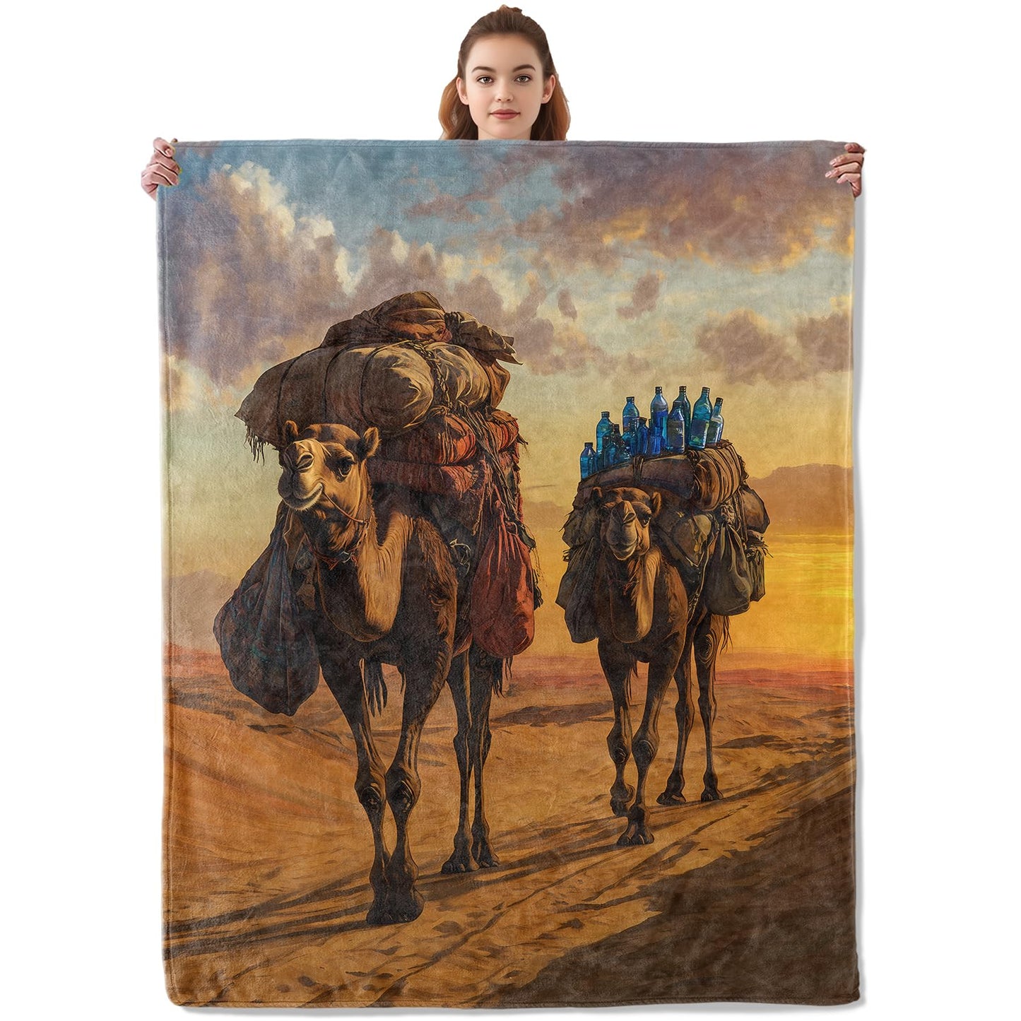 Kibue Desert Camel Blanket - Soft & Cozy Warm Flannel Throw - Plush Lightweight Blankets for Travel, Sofa, Bedroom, Office - Gifts for Adults Women Kids - for All Seasons 60"×50"
