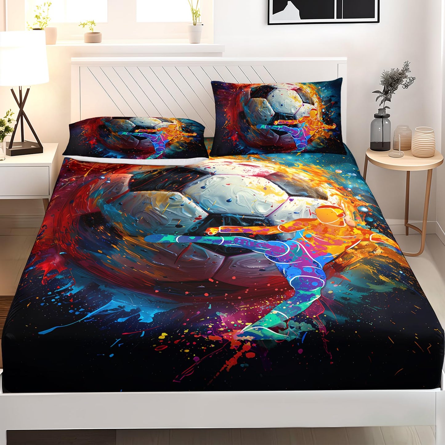AILONEN Boys Soccer Fitted Sheet Set Twin Size,3D Oil Painting Football Bed Sheet Set,Football Player Fitted Sheet and 2 Pillowcases,3-Piece Sport Bedding Set,Breathable,Soft Microfiber