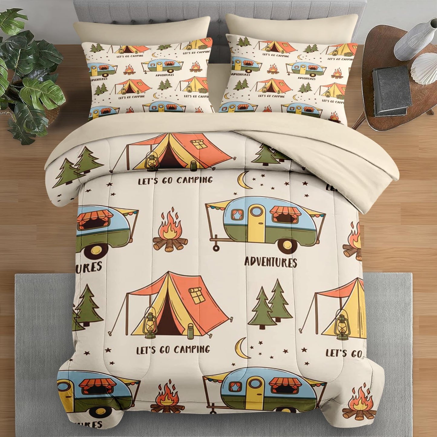 Pamnest Comforter Set Queen Size, Summer Camp RV 7 Pcs Bedding for Kids and Adults, Camping Adventure Bed Sheet Sets with Fitted Sheet 2 Pillowcases & 2 Shams for Bedroom Bed Decor