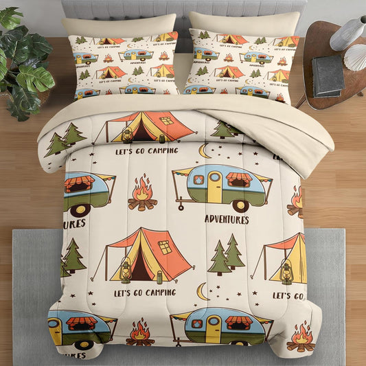Pamnest Comforter Set Queen Size, Summer Camp RV 7 Pcs Bedding for Kids and Adults, Camping Adventure Bed Sheet Sets with Fitted Sheet 2 Pillowcases & 2 Shams for Bedroom Bed Decor
