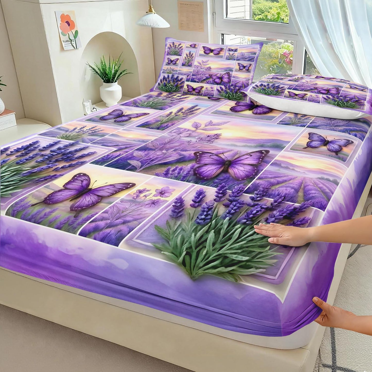 HOSIMA Butterfly Bedding Set Queen Size,Lavender Pattern Plaid Patchwork Fitted Sheet for Girls Women Bedroom Decor,Lightweight Floral Bedding,1 Fitted Sheet+2 Pillowcases.