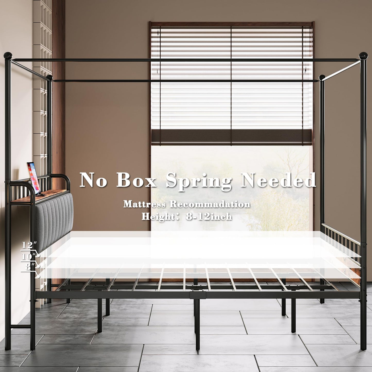 LIKIMIO Canopy Bed Frame King, Storage Headboard with Charging Station, Platform Bed with 4 Removable Sturdy Posts, Noise Free, No Box Spring Needed, Vintage Brown