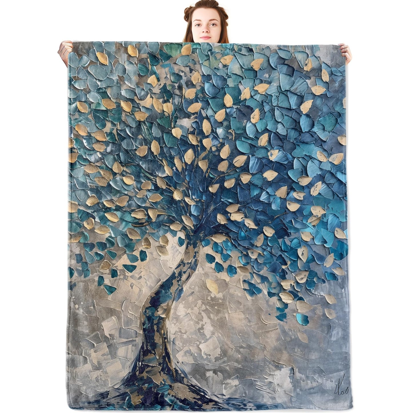 jwyta Tree Flannel Blanket,Abstract Textured Art Throw with Blue and Golden Leaf,Lightweight Fleece Blankets for Nature Lover,Couch,Cabin,Bed,Camping Modern Home Decor Gifts,60x50in