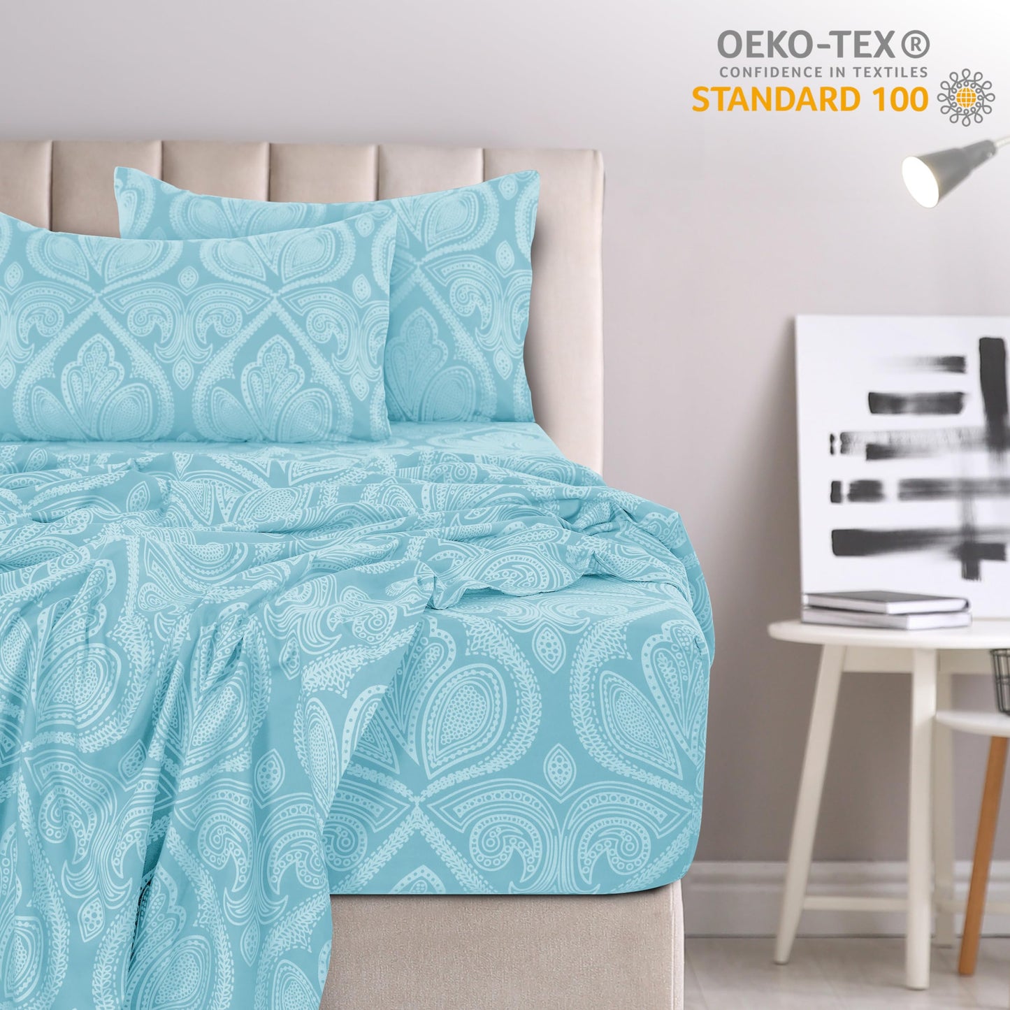 Hannah Linen Paisley King Sheet Set, 4 PC Soft Microfiber Wrinkle Free Sheets - Luxurious Printed Bed Sheets Includes Flat Sheet, Fitted Sheet with Deep Pockets, & 2 Pillowcases - Blue