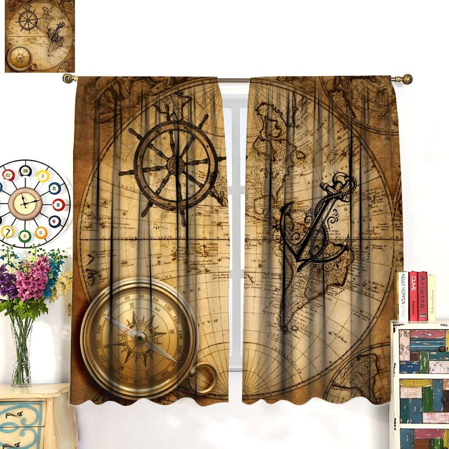 Nanacur World Map Curtains, Vintage Rustic Farmhouse Middle Ages Old Sea Map Nautical Ocean Theme Window Drapes for Bedroom Living Room 41" W X 45" L (No Blackout)