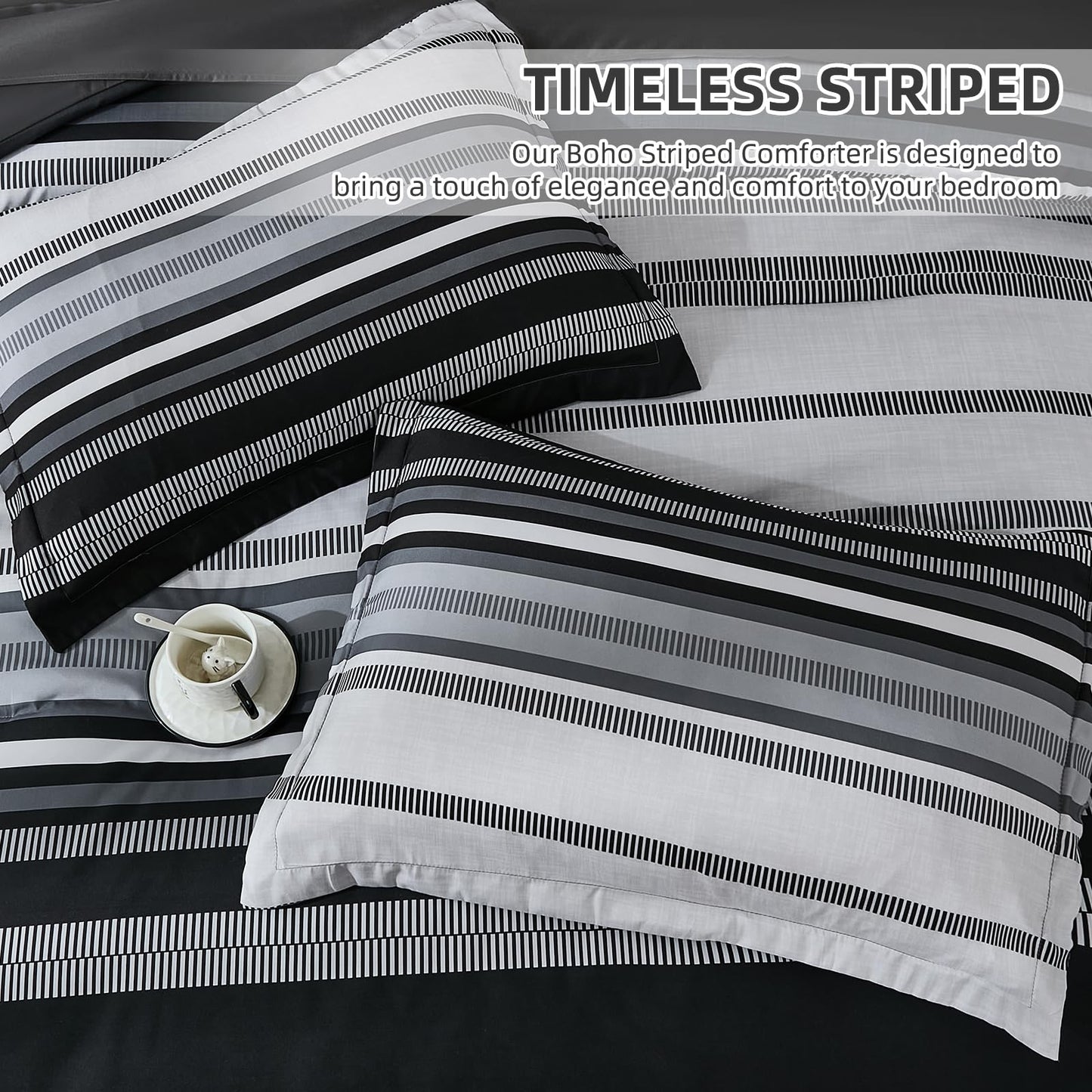 Dobuyly Black Comforters Queen Size Set 7 Pieces, Boho Striped Grey Bed in a Bag Queen Soft Microfiber Bedding Set with Comforter, Sheets, Pillowcases & Shams All Season