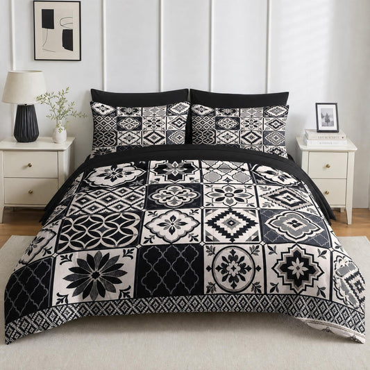 Boewywh Comforter Set Twin Size Farmhouse Geometric Boho 7 Pcs, Bedding for Kids and Adults, Black Floral Bed Sheet Sets with Fitted Sheet 2 Pillowcases & 2 Shams for Bedroom Bed Decor