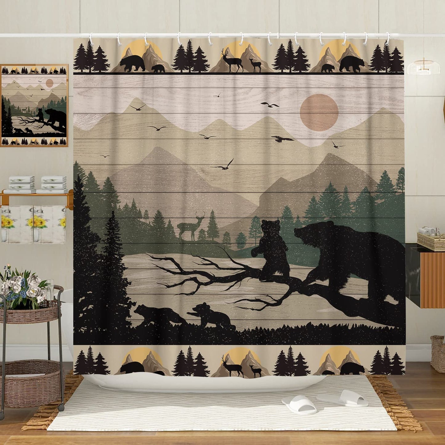 Rustic Cabin Shower Curtain for Bathroom, Cute Funny Bear Deer Forest Mountain on Brown Wooden Board Fabric Woodland Shower Curtains, Country Farmhouse Lodge Shower Curtain Set with 12 Hooks, 70X70IN