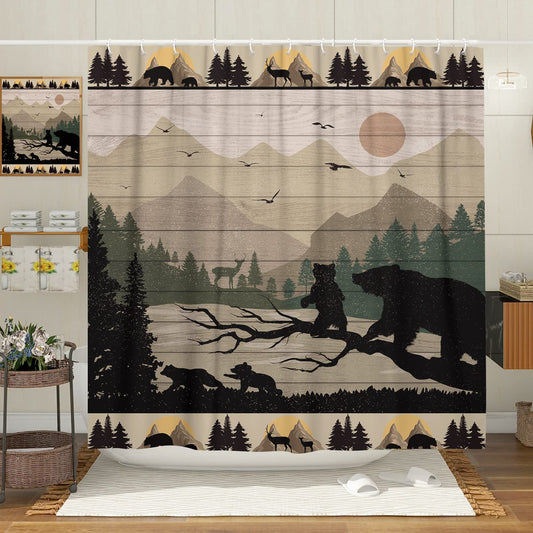 Rustic Cabin Shower Curtain for Bathroom, Cute Funny Bear Deer Forest Mountain on Brown Wooden Board Fabric Woodland Shower Curtains, Country Farmhouse Lodge Shower Curtain Set with 12 Hooks, 70X70IN