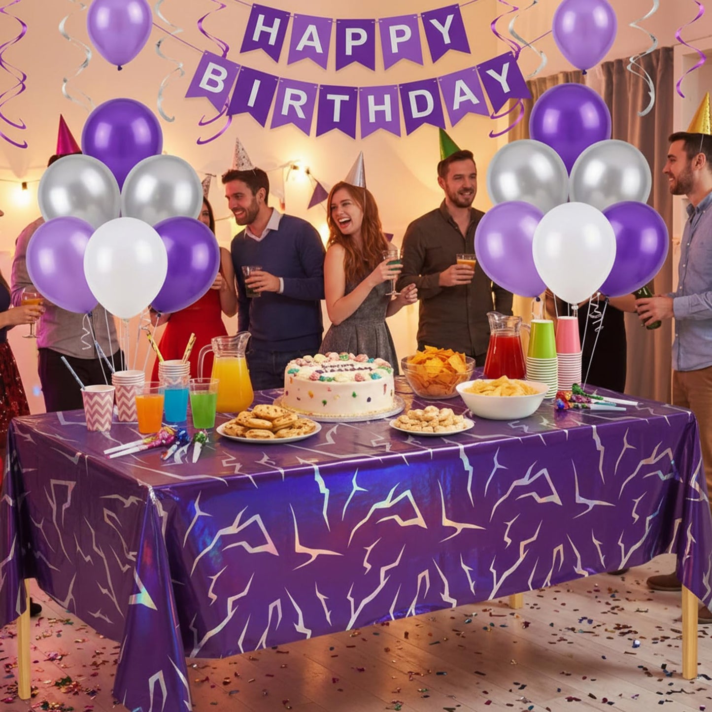 Fanfanwin 3 Pack Kpop Theme Birthday Decorations Iridescent Holographic Purple Tablecloth Disposable Waterproof Plastic Laser Table Covers for Girls Disco Party Supplies, 54x108 Inch