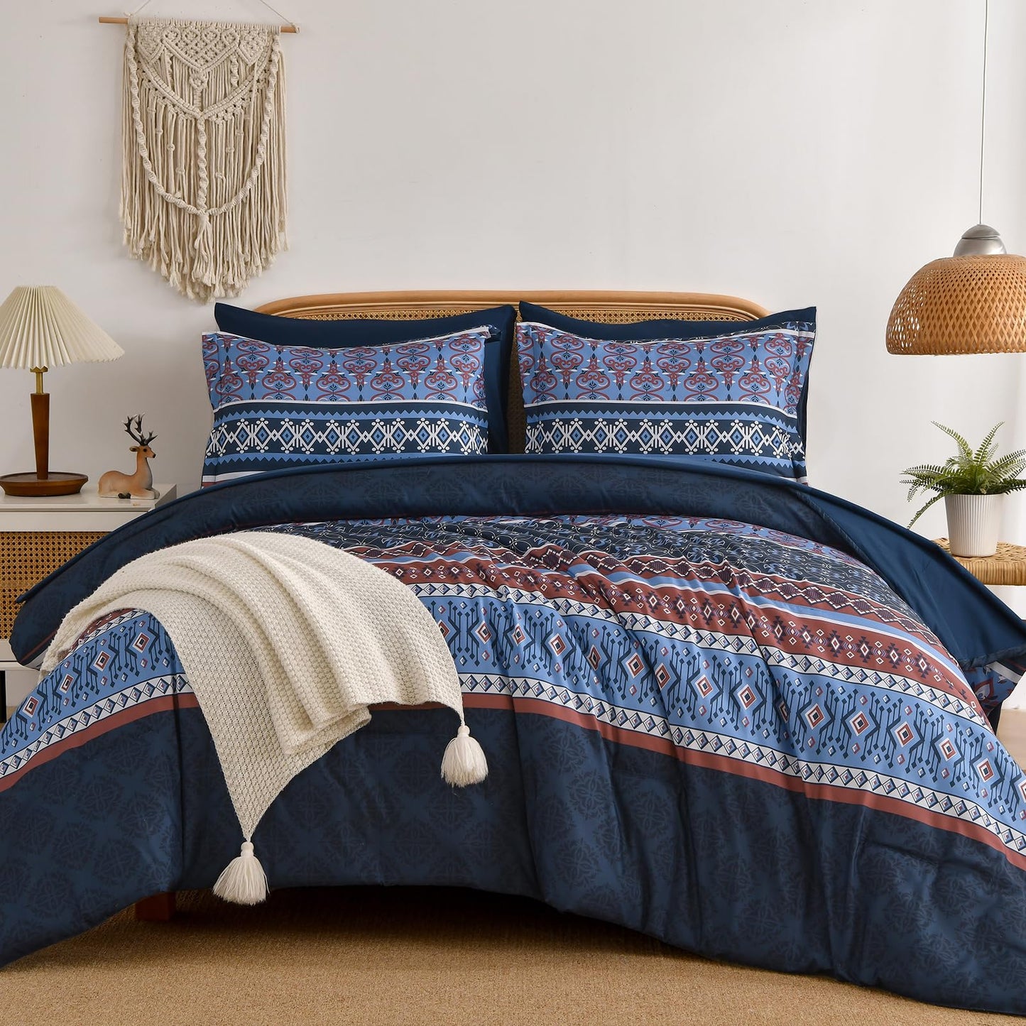 Boho Comforter Set Queen Size,7 Pieces Bohemian Comforter Bedding Set Bed in a Bag,Navy Blue Paisley Floral Comfortet and Sheet Set,Soft Striped Bedding Sets for All Season