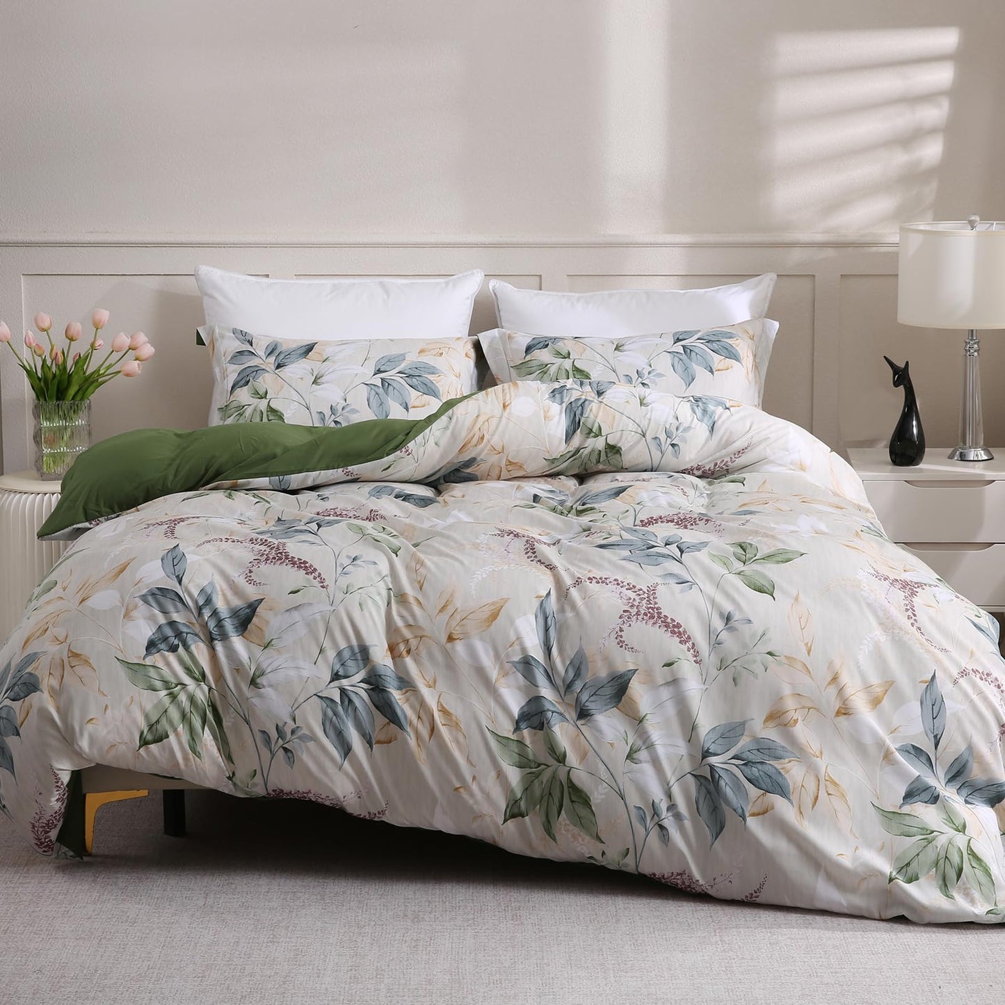 LONAVA Queen Botaincal 3 Pcs Duvet Cover Set, Breathable Soft Microfiber Forest Green Lining Comforter Cover with Zipper Closure, and 2 Anti-Pilling, Fade Resistant Pillowcases, Lavender