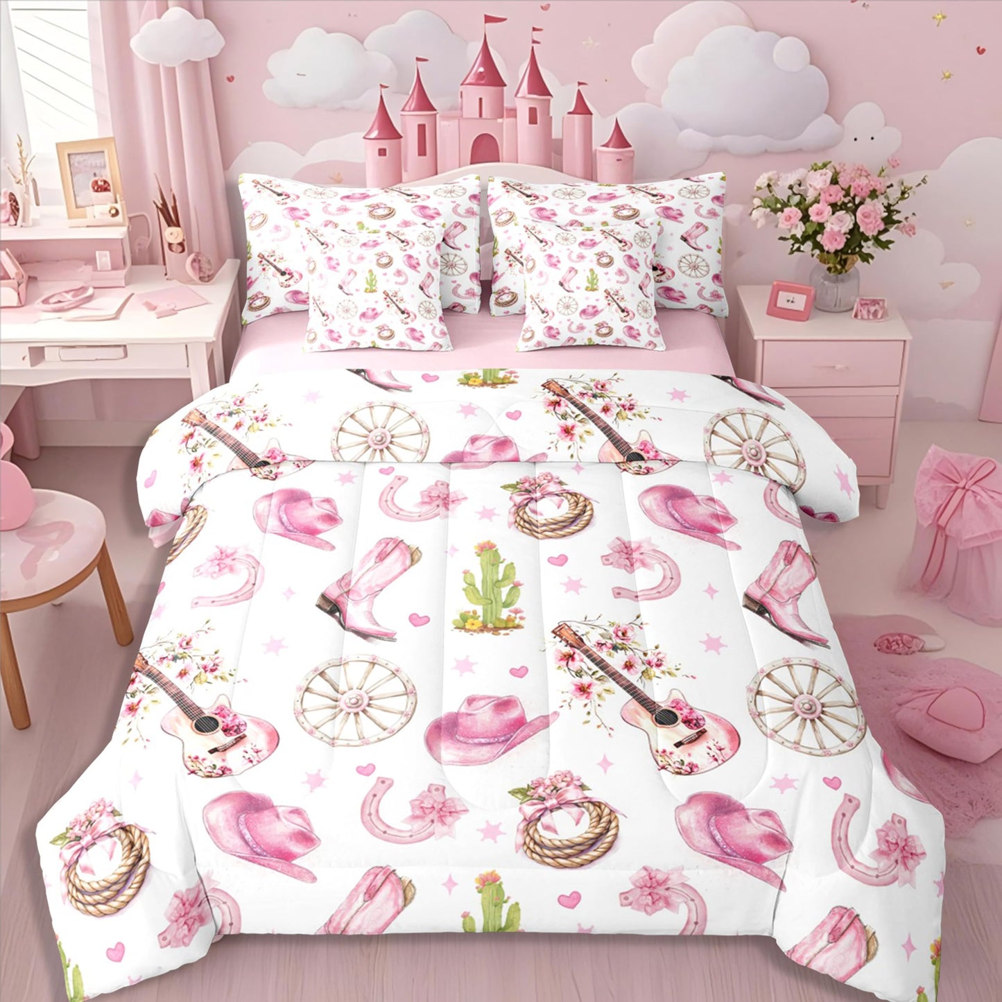 Erosebridal 7Pcs Cute Pink White Western Cowgirl Twin Comforter Set with Sheets Cactus Guitar Bow Bedding for Teen Girl Vintage Western Hat Boot Wildflower Bed in A Bag Preppy Fahion Coquette Bed Sets
