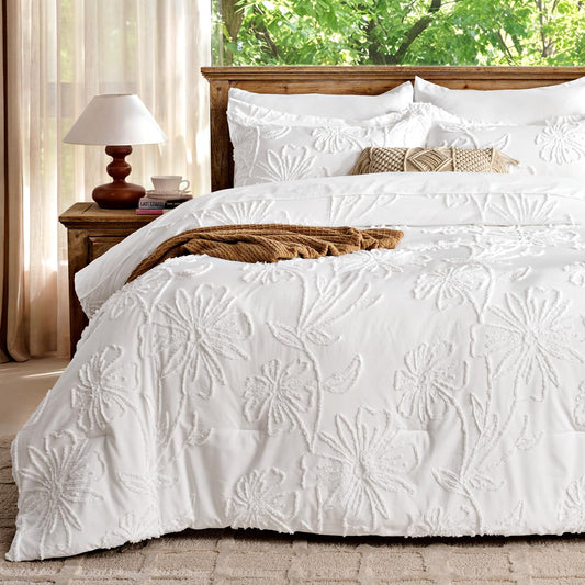 Jameswish 7 Pieces Flower Comforter Set for All Seasons White Floral Tufted Boho Bedding Set Queen Size Farmhouse Bed in A Bag as Gifts with Comforter Sheets Pillowcases Shams