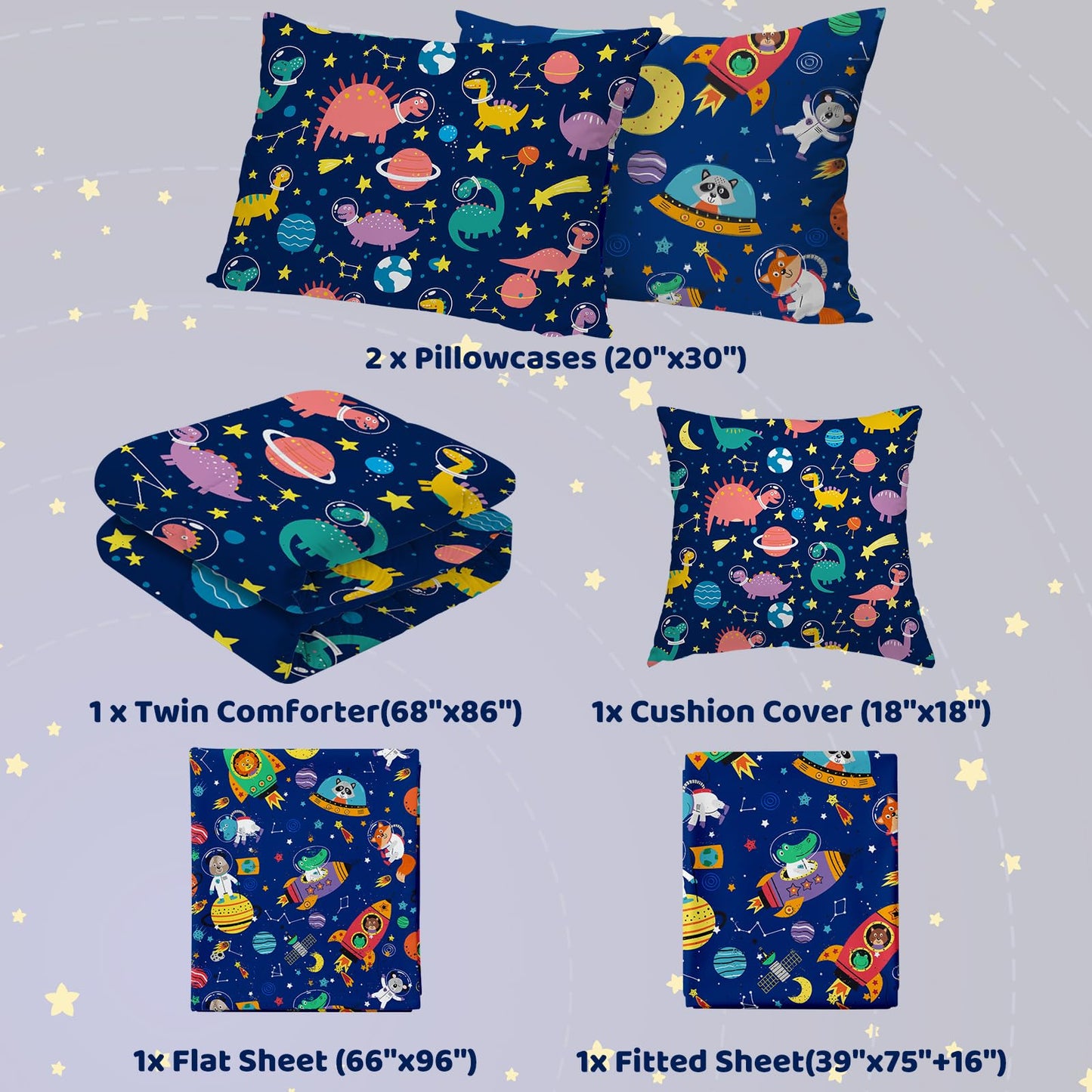 Mfmiudole Dinosaur Twin Bedding Sets for Boys, 6 Piece Bed in a Bag, 3D Dinosaur Comforter Set for Girls & Boys with Comforter Sheets, Pillowcases & Shams, Lightweight, Breathable, Easy Care