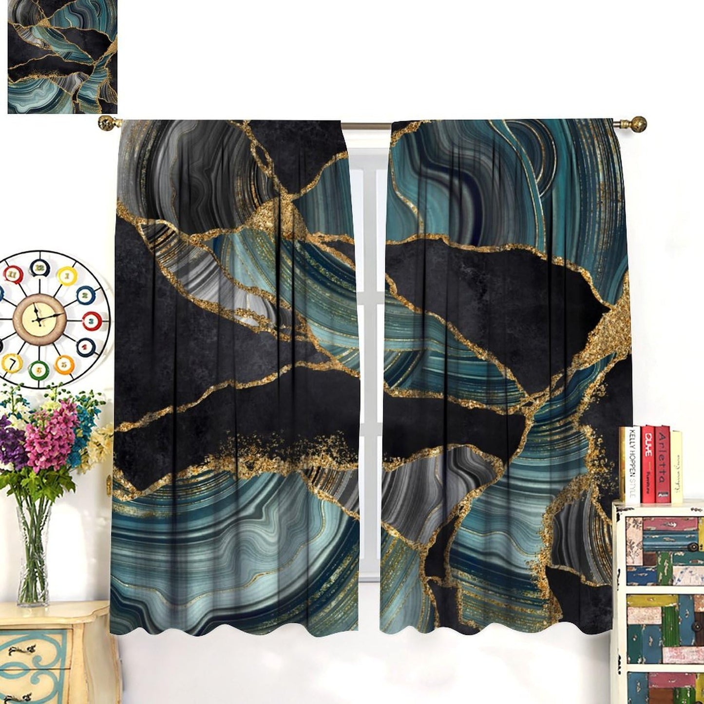 JADERYS Marble Blackout Curtains Modern Luxury Black Green Grey Abstract Texture Marble Art Print for Bedroom Living Room Bathroom Rod Pocket Decoration Window Drapes 2 Panels W21xL45in