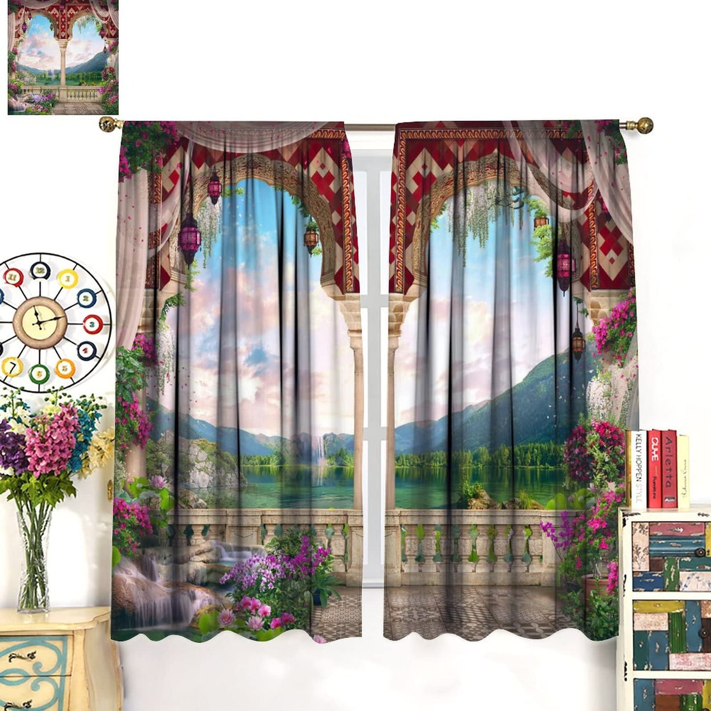 Italian Natural Scenery Curtains,Beautiful Mountain Lake Stone Arch View Room Darkening Thermal Insulated Window Curtain for Living Room Bedroom Decor W42xL45in
