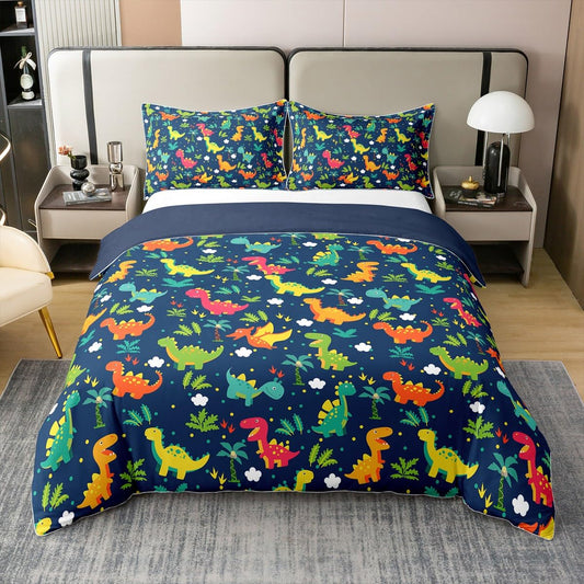 100% Cotton Cartoon Dinosaur Kids Bedding Set for Boys Ancient Jungle Animals Duvet Cover Room Decor Colorful Rainbow Dino Comforter Cover Tropical Palm Leaf Bedspread Cover(Dark Blue,Twin 2Pcs)